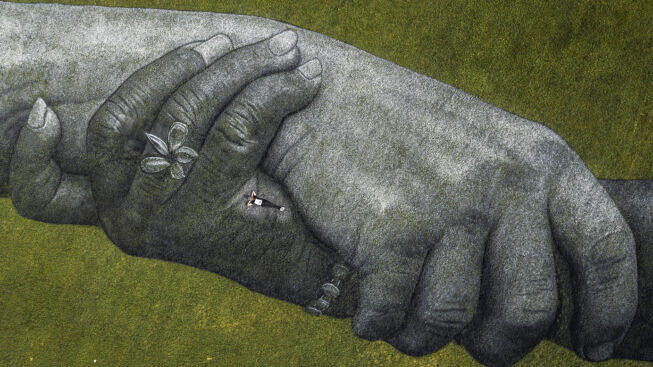 ART, LANDART, BEYOND WALLS, SAYPE, TURIN, TORINO, GREEN ART, STREET ART, CONTEMPORARY ART, URBAN ART, PAINT, GRASS, HANDS, CHAINE, HUMAINE, ENSEMBLE, TOGETHER, UNIVERSAL,